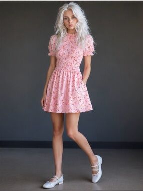 Scoop Pink Floral Smocked Puff Sleeve Mini Dress NWT Large